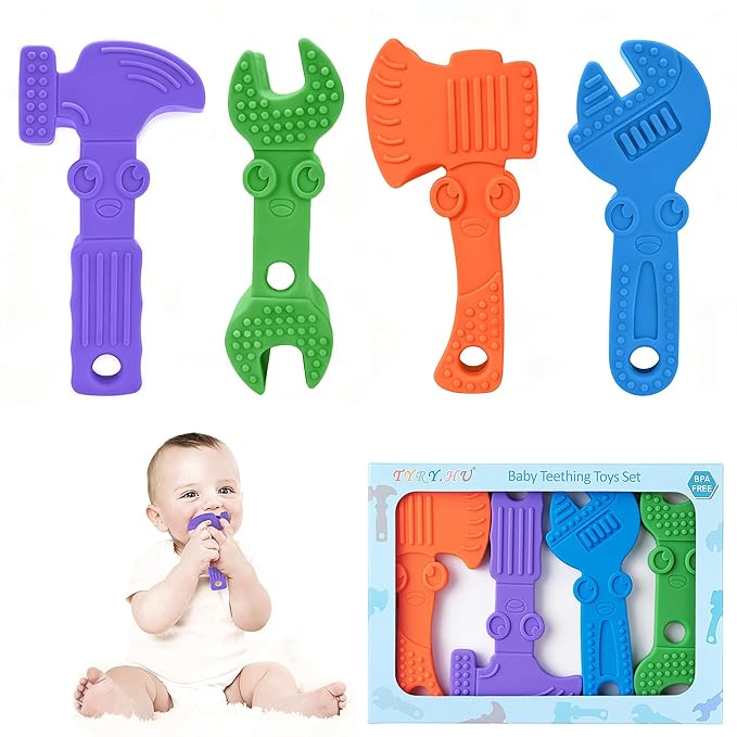 TYRY.HU Baby Teething Toys for Babies, Baby Teether Toys, BPA Free Silicone Baby Molar Teether Chew Toys, Hammer Wrench Spanner Pliers for Boys Girls, Soft-Textured, Easy to Hold & Clean, 4 Packs