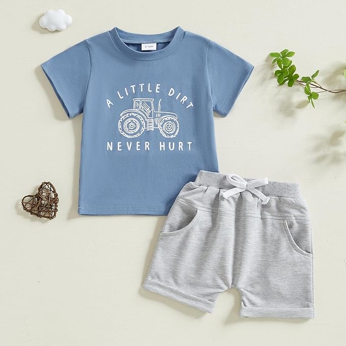fhutpw Toddler Baby Boy Summer Clothes Tractor Letter Short Sleeve T-Shirt Tops Pockets Casual Shorts Set Infant Outfits