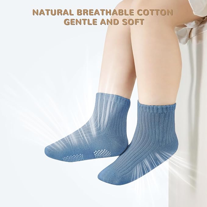 Toddler Grip Socks Non Slip Crew Socks Cute Seamless Cotton Socks for Baby Boys Girls Infants Kids 9 Pairs