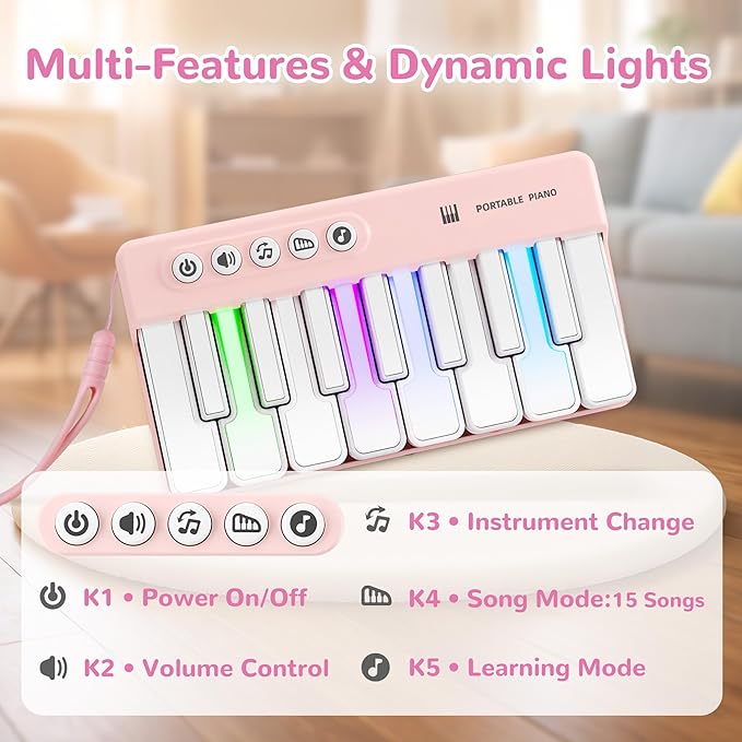 iPlay, iLearn Kids Mini Piano Toy W/Rainbow Lights, Toddler Pocket Travel Piano Keyboard for 1-3, Portable Musical Instrument Toys, Music Interactive Birthday Gift 2 4 5 6 Year Old Boy Girl Child-Pink