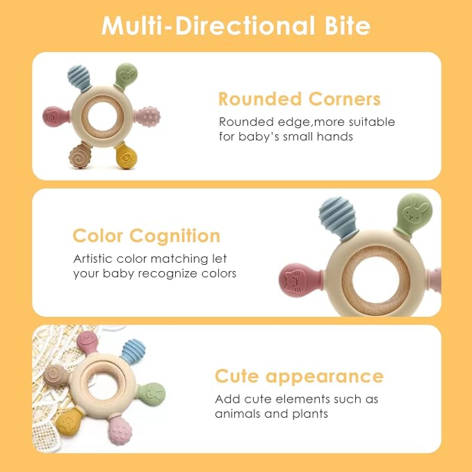 [BabyBite] Teethers Silicone and Beechwood Animal Teether for Sensory and Developmental Play for Baby and Toddler 100% BPA Free Food Grade Silicone, Beige