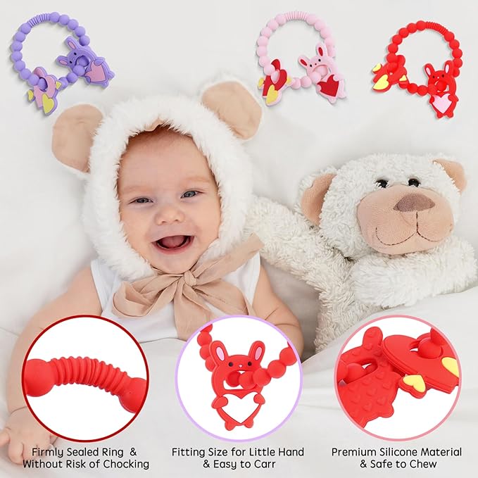Valentine Teething Toys, Silicone Baby teethers 0-6 Months Easy for Little Hands to Hold, Cupid and Heart Rabbit for Valentine's Day Baby Teething Toys (Valentine Pink)
