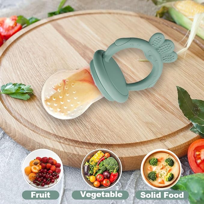 2 Pcs Baby Food Fruit Feeder with Freezer Tray Breastmilk Popsicle Molds Silicone Fruit Feeder for Self Feeding Teething Relief (Blue+Green)