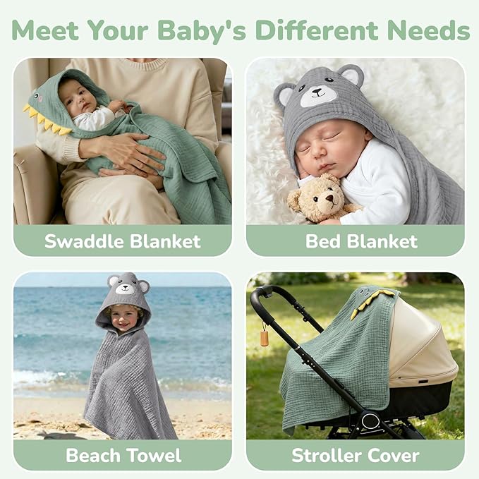 CandyHome 4 Pack Muslin Baby Towels for Newborn Set, 100% Cotton 2 Hooded Baby Bath Towels 32x32" with 2 Washcloths 10x10", Super Soft Absorbent Infant Toddler Bath Essentials Gifts, Dinosaur & Bear