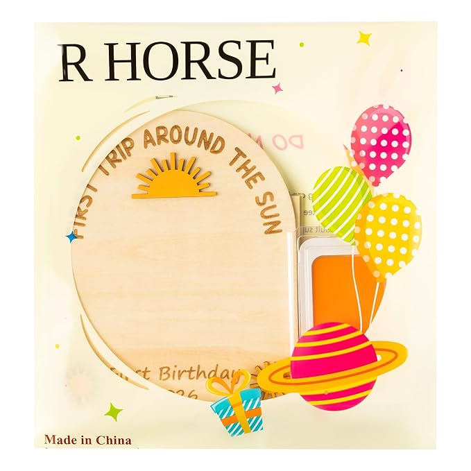 R HORSE 3D Baby's First Birthday Sunshine DIY Footprint or Handprint Art Sign, First Trip Around The Sun Wooden Hanging Decoration, Newborn Keepsake Craft Gift for 1st Birthday Baby Shower Photo Prop