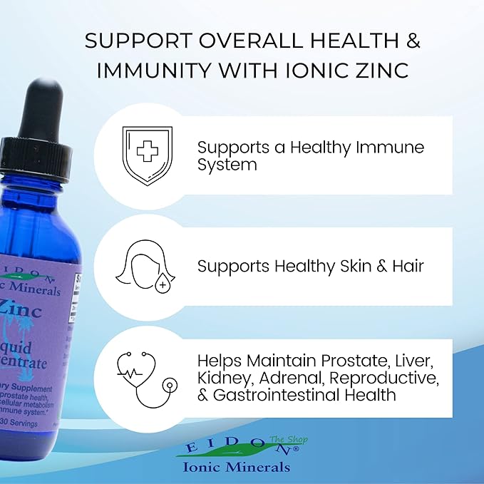 Eidon Ionic Minerals Liquid Zinc Concentrate - Ionic Zinc Sulfate Supplement Drops for Men, Women, & Kids, Support Immune System, Hair and Skin, Liver and Kidney Health - 2 oz
