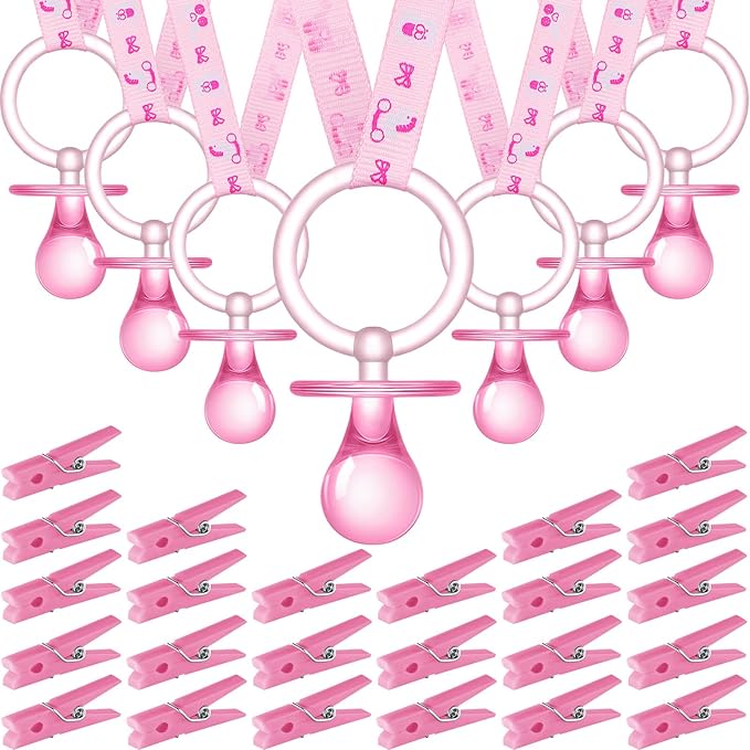 Tondiamo 48 Pieces Baby Pacifiers Party Favors with 24 Plastic Pacifiers and 24 Mini Clothes Pins Transparent Baby Showers Pacifiers Necklace Baby Girl Boy Pacifier Necklace for Party Favor(Pink)