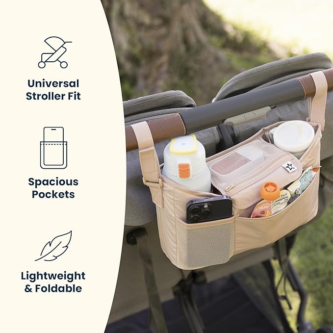 Tiny Twinkle Universal Stroller Organizer with Adjustable Strap | Waterproof Stroller Caddy Fits Baby Jogger, Nuna, Graco, Donna and Bugaboo Strollers (Beige Checkers