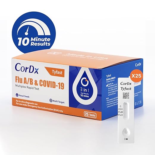 CorDx Tyfast at Home Flu A/B and COVID 19 Multiplex Rapid Test, Easy Nasal Swab, Fast Results in 10 Minutes, 25 Tests
