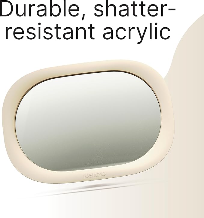 Renzo Baby Car Mirror - Rear Facing Car Seat Mirror for Infants - Extra Large, Shatter-Resistant, 360° Adjustable, Tool-Free Installation - Fits Most Cars, SUVs & Trucks (Almond Cream)