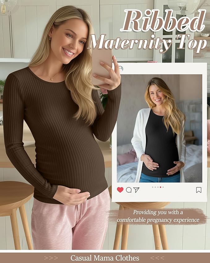 Huukeay 4 Pack Women's Maternity Shirts, Long Sleeve Cotton Ribbed Pregnancy Tops Side Ruched Crew Neck Casual Mama Clothes
