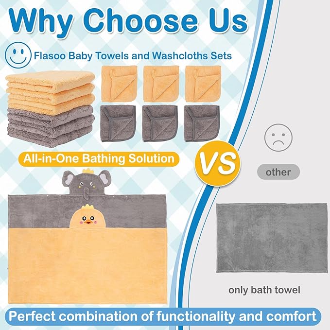 8 Pcs Toddler Towel Set, 2 Pcs Hooded Toddler Bath Towel, Large 55" x 27.5" Toddler Hooded Towel & 6 Pcs Baby Washcloths for Boy Girl 0-5 Year, Soft Gift for Babies, Infant, Newborn Essential