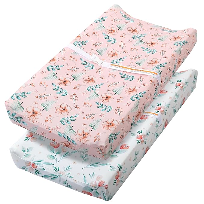 Changing Table Pad Cover Elastic Changing Pad Cover Premium Baby Changing Pad Cover 2 Pack for Boys Girls Soft Comfortable and Secure (Pink Flower)