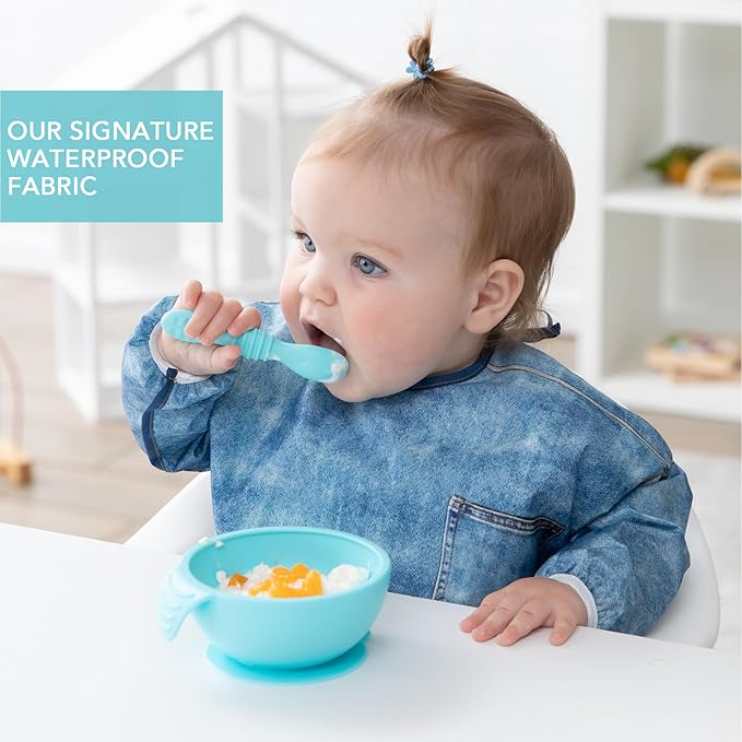 Bumkins Sleeved Bib for Girl or Boy, Baby and Toddler for 6-24 Mos, Essential Must Have for Eating, Feeding, Baby Led Weaning Supplies, Long Sleeve Mess Saving Food Catcher, Soft Fabric, Faux Denim