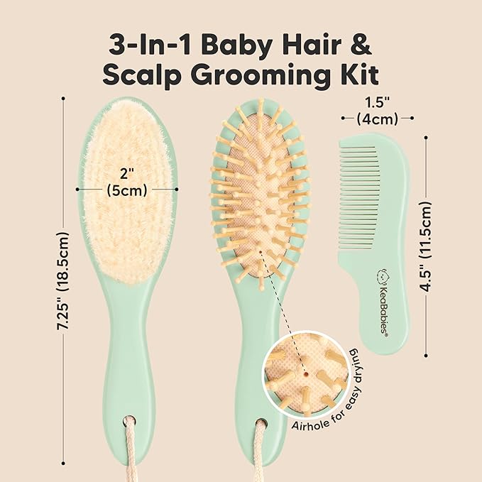 Baby Hair Brush Set for Newborns - Soft Goat Bristle Wooden Baby Brush and Comb Set Newborn Grooming Kit for Cradle Cap, Durable & Gentle, Boy, Girl Infant Essentials Care Kit (Oval, Sage)