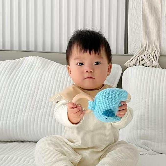 DICHA Handmade Crochet Wooden Baby Rattle - Birthday & Baby Shower Sensory Toy for Newborn Boy/Girl - Includes Wood Beech Teething Ring Elephant