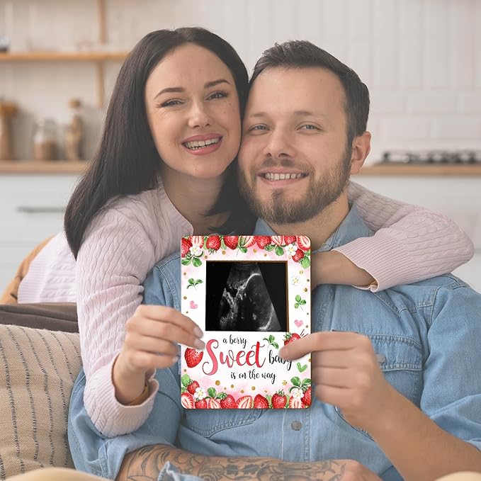 ALodr Strawberry Baby Shower Decorations, Baby Shower Sign Picture Frame, Berry Sweet Party Decor for Gender Reveal, Pregnancy Milestone Keepsake, Pregnancy Announcement Sonogram Photo Frames