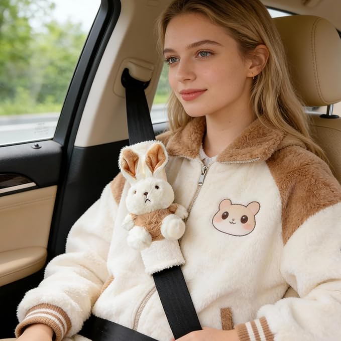 2 PCS Seat Belt Cover Pad, Cute Kawaii Animal Bunny Seatbelt Covers for Kids and Adults, Winter Plush Fluffy Soft Seat Belt Cover, Cartoon Seatbelt Cushion,Car Seat Strap Pads (D-Bunny)
