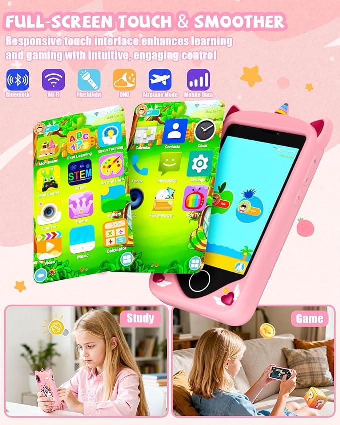 Kids Smart Phone for Girls - Safest Phone for Kid & Teens, Talk & Text - Kids Cell Phone Toy, 4.2'' Touchscreen, Dual Cameras, Games, 32GB Card (Blush)