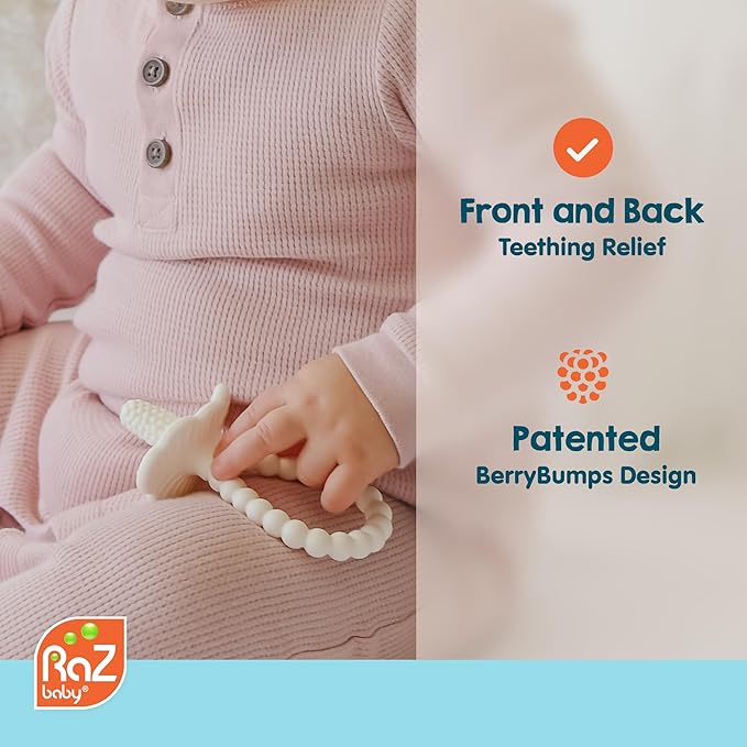 RaZbaby RaZberry Plus Baby Teether – Easy-to-Hold Toy for Front & Back Teething Relief, BerryBumps Texture for Sensory Development, Soothes Sore Gums, BPA-Free, Great Gift for Babies 3M+ – White
