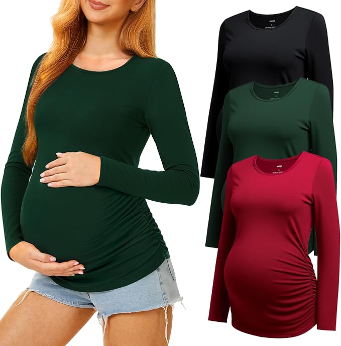 3 Pack Maternity Shirts Long Sleeve Pregnancy Top for Women with Crew Neck Casual Tee Shirts