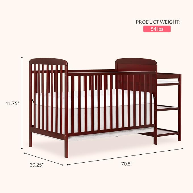 Dream On Me Anna 3-in-1 Convertible Full-Size Baby Crib & Changer with Storage in Cherry, GreenGuard Gold & JPMA, Pinewood, Converts to Day & Toddler Bed, 3 Mattress Heights, 1″ Changing Pad