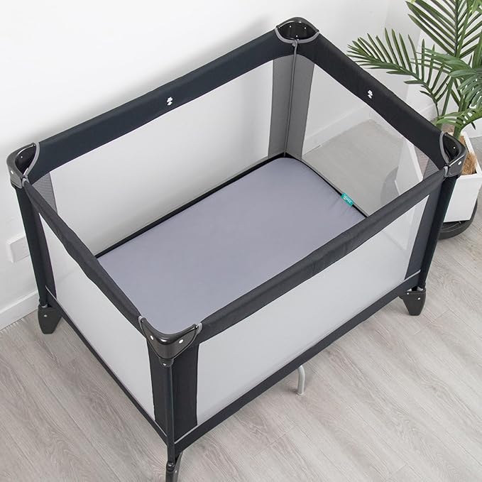 Biloban Pack and Play Sheets Fitted, 2 Pack Pack and Play Sheet Fits for Graco Pack n Play Mattress, Neutral Playard Sheets for Baby Boys and Girl, Grey & Black