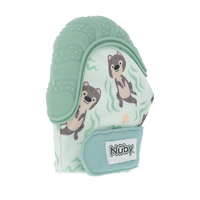 Nuby Happy Hands Silicone Teething Mitten for Babies - Soft Silicone Massaging Teether - Soothes Sore Gums - Easy-to-Wear and Machine Washable - 3+ Months - Otter