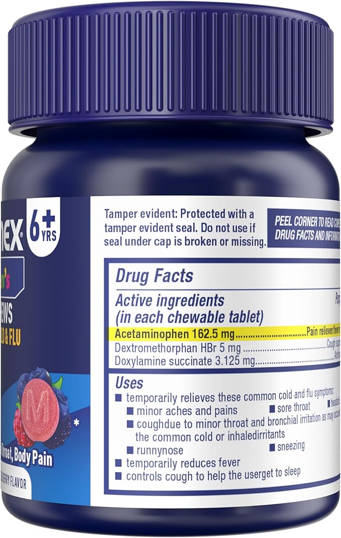 Mucinex Children's Mighty Chews Nighttime Cold and Flu Medicine, Children's Acetaminophen, Dextromethorphan, & Doxylamine Succinate, Kids Cough Medicine, Ages 6+, 16 Medicated Chewable Tablets