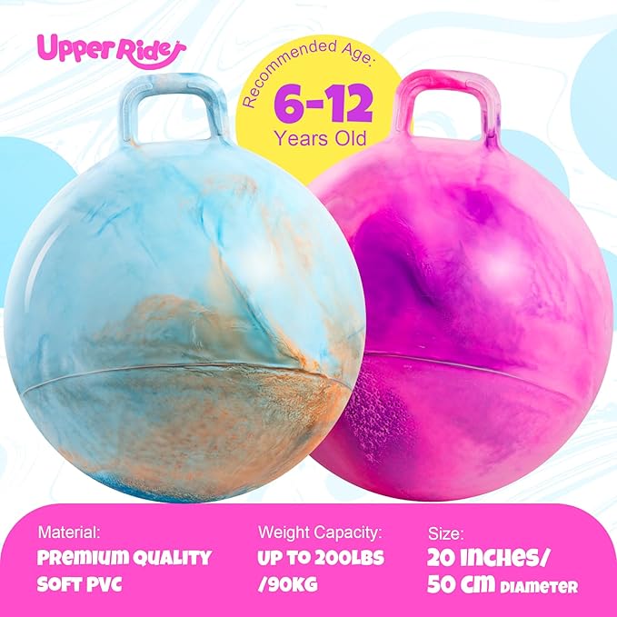 Upper Rider 2 Pcs 20 Inch Hopper Ball for Kids 6-12, Bouncy Balls with Handle for Toddlers, Inflatable Hippity Hop Jumping Balls, Sit On Hopping Toys with Pump for Girls Boys, Blue Pink