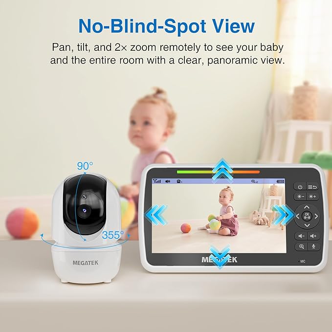 MEGATEK BabyView Video Baby Monitor with Camera and Audio, 5” Screen, Pan-Tilt-Zoom, No-WiFi 2.4GHz Wireless, 30-Hour Battery, Night Vision, 2-Way Talk, VOX, Lullabies, Timer, Temperature Alerts