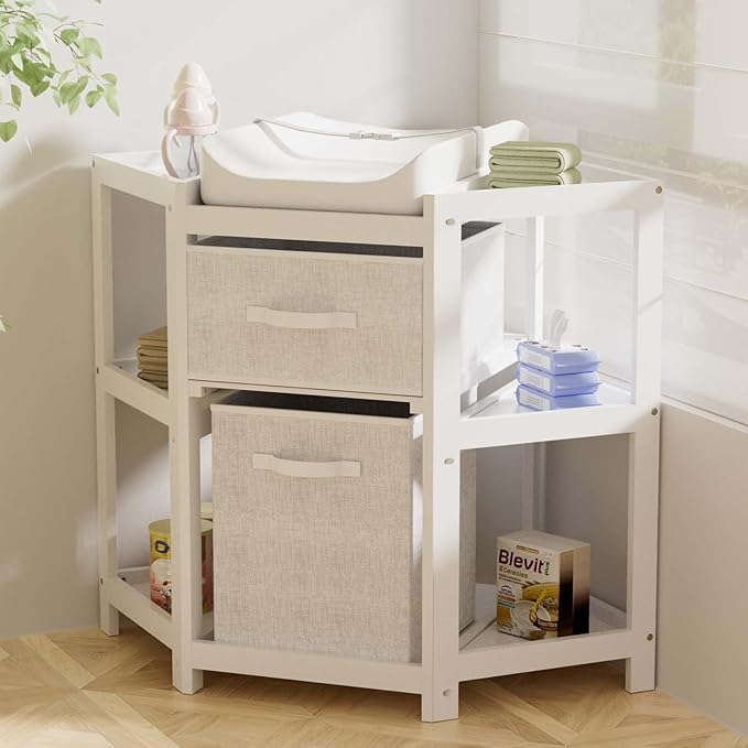 KORIMEFA Changing Table with Drawers, Corner Baby Diaper Changing Station with Laundry Hamper, Storage Bin, and Contoured Pad for Baby - White