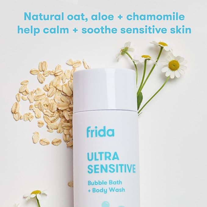 Frida Baby Unscented Fragrance-Free Bubble Bath + Body Wash, Oat & Chamomile Toddler & Baby Body Wash for Sensitive Skin, Dermatologist Tested, Tear-Free, Hypoallergenic, Safe for Skin, 10oz