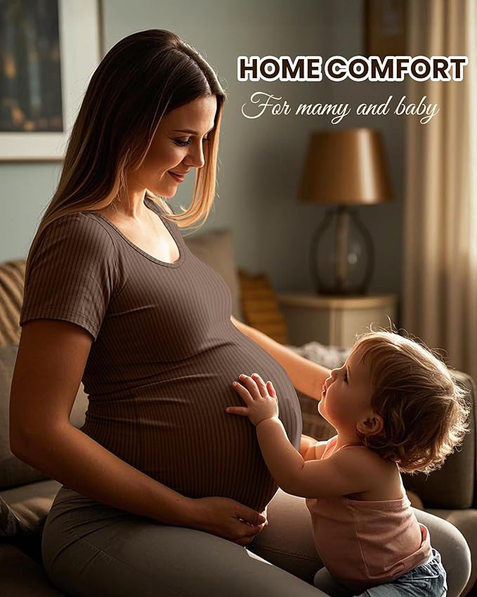 Neer 3 Pack Women's Ribbed Maternity Tops Pregnancy Round Neck Shirts Short Sleeve Soft Maternity Clothes for Mama