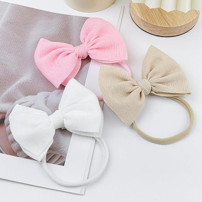 YanJie Baby Girls 4.5" Nylon Headbands, Handmade Hair Bows Hairbands Hair Accessories for Newborn Infant Toddlers Kids, 3 Pieces, Light Pink/White/Beige