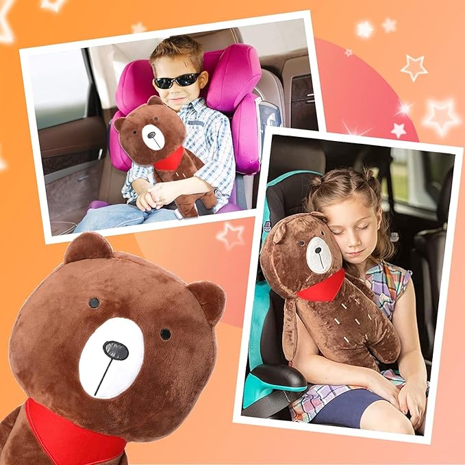 Seat Belt Cover Pillow for Kids, Car Seatbelt Cushion Shoulder Neck Support Protector Pad, Soft Stuffed Plush Travel Vehicle Safety Belts Strap Pillow for Boys and Girls Headrest (Bear)