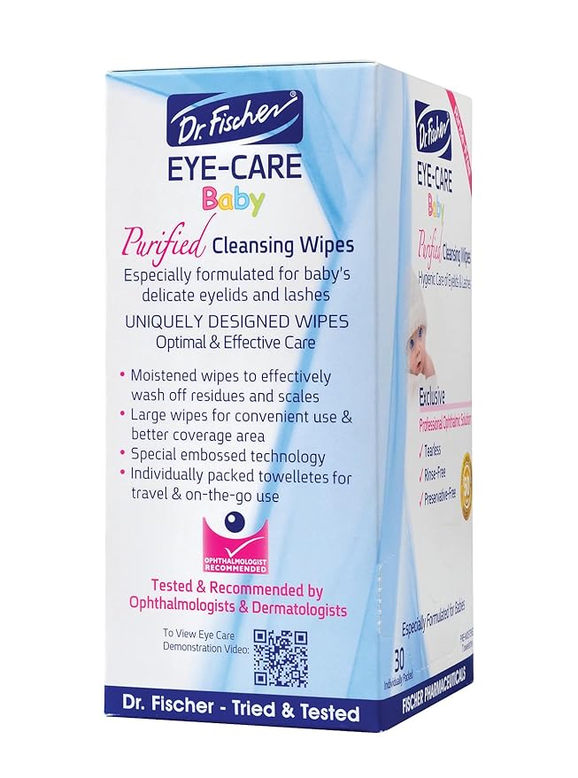 Purified, Non Irritating, Tear Free, Hypoallergenic & Sensitive Approved Baby Eyelid Wipes by Dr. Fischer – Pre-moistened, Rinse Free and Pediatrician Recommended (6)