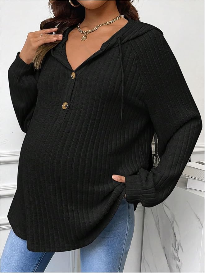 Women's Maternity Half Button Sweatshirts Long Sleeve Ribbed Knit Pregnancy Shirt Spring Clothes