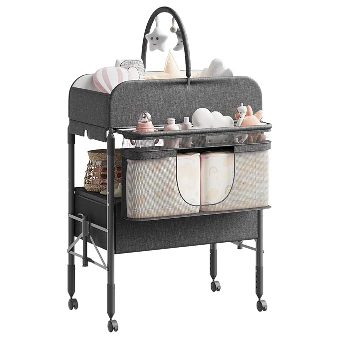 GarveeHome Baby Changing Table with Storage, Portable Foldable Diaper Changing Station with 2 Storage Baskets, Height Adjustable Waterproof Changing Table for Infant and Newborn
