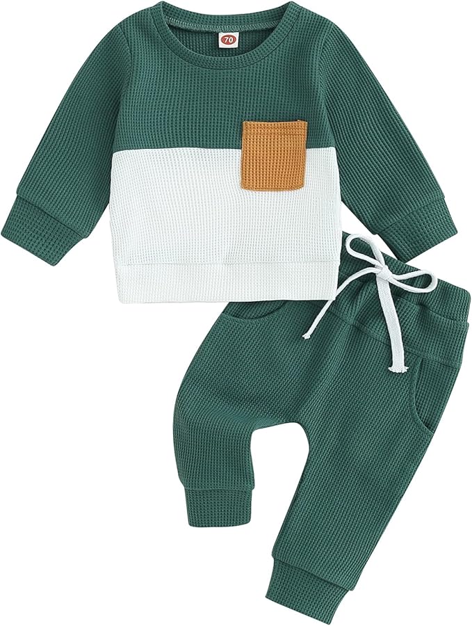 Toddler Baby Boy Fall Outfit Long Sleeve Crew Neck Contrast Color Sweatshirt Top Pant Cute Newborn Infant Waffle Clothes