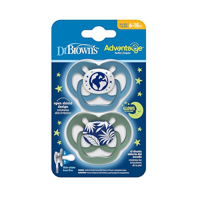 Dr. Brown's Advantage Glow-in-The-Dark Baby Pacifier, Fully Symmetrical Soother with Soft Silicone Bulb, Blue Nature, 6-18m, BPA Free, 2 Pack