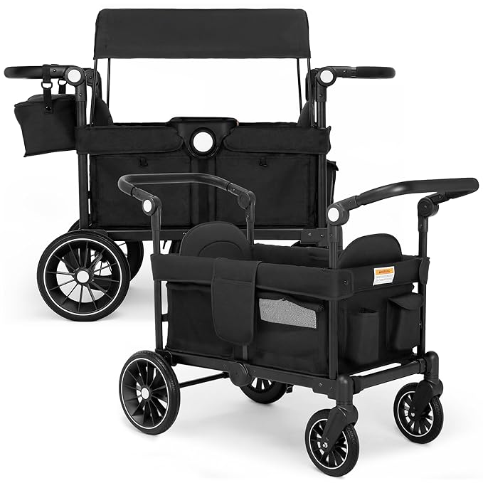 Wagon Stroller for 2 Kids, All-Terrain Stroller Wagon, Foldable Kids Wagon Cart Featuring with Harnesses, Adjustable Double Push Handle, Removable Canopy, Snack Tray, Large Storage Bag, Black