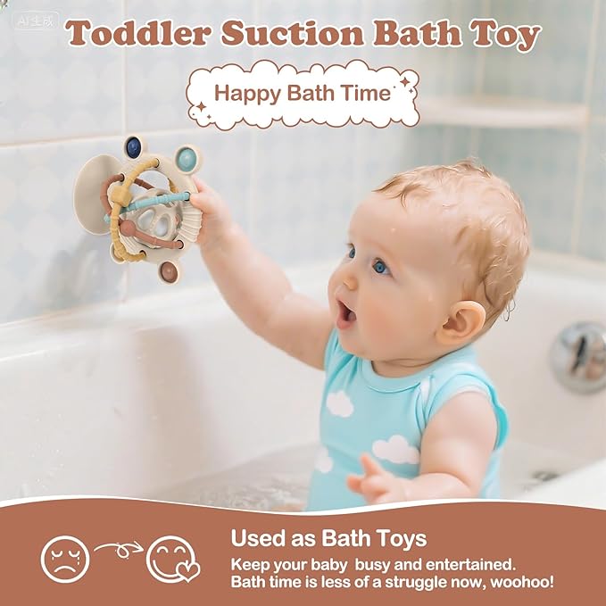 TYRY.HU Silicone Baby Teething Toys for Babies 0-6 6-12 Months, Multi Purpose High Chair Toys, Baby Suction Table Toys, Montessori Sensory Toys with Rattle for Teething Relief, Gift for Infant, Khaki