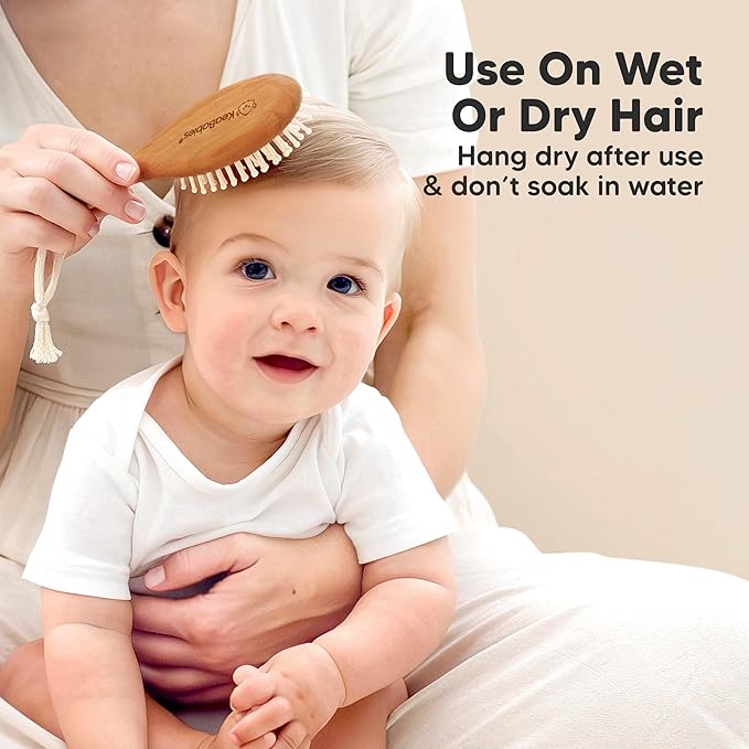 Baby Hair Brush Set for Newborns - Soft Goat Bristle Wooden Baby Brush and Comb Set Newborn Grooming Kit for Cradle Cap, Durable & Gentle, Boy, Girl Infant Essentials Care Kit (Oval, Golden Oak)