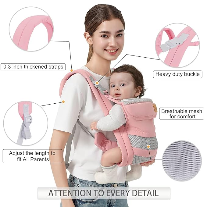 Baby Carrier Newborn to Toddler(7-30lbs), Toddler Carrier with Adjustable Shoulder Strap, Baby Holder Carrier with Breathable Mesh Fabric, Pink