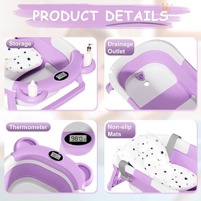TPN Collapsible Baby Bathtub, Baby Bath Tub with Soft Cushion & Real-Time Thermometer, Baby Bathtub Infant to Toddler Tub (0-36 Months), Portable Newborn Travel Bath Tub