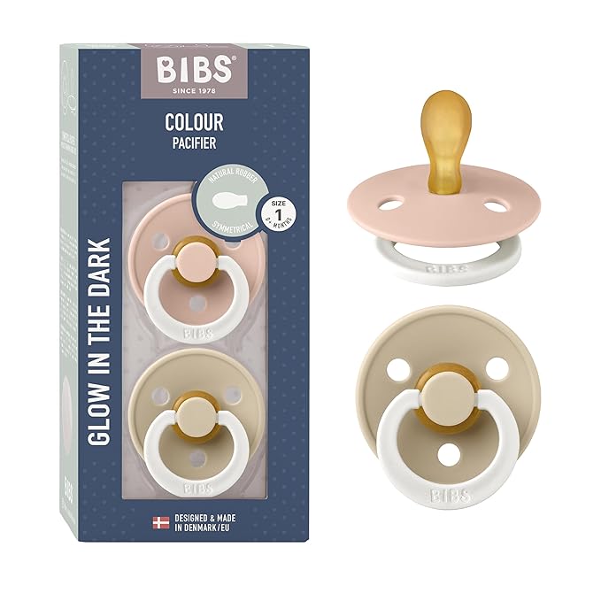 BIBS Pacifiers 0-6 Months | 2-Pack Soothers | Symmetrical Nipple | BPA-Free Natural Rubber | Made in Denmark | Blush Glow/Vanilla Glow Colour Pacifier