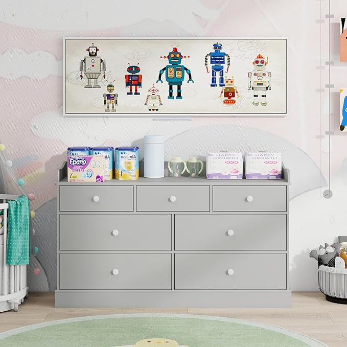 Vabches Kids Dresser Cabinet with 7 Drawers, Changing Table for Nursery, White Chest of Drawers, Baby Dresser, Kids Bedroom Furniture, Nightstand for Child’s Room,Light Grey