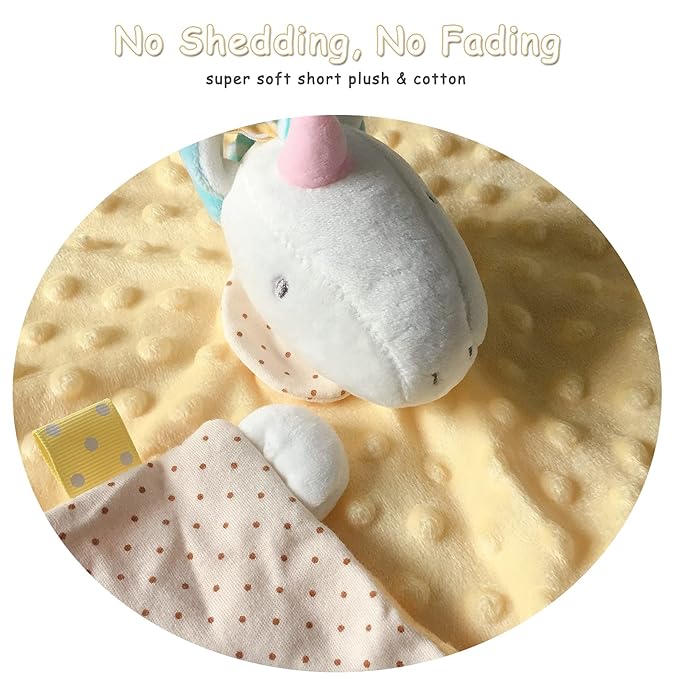 Yellow Unicorn Security Blanket with Tags Lovey Teether Toys Infant Stuffed Animal Taggy Blanket Soft Plush Minky Dot Baby Snuggle Blanket with Rattle Crinkle, Shower Gift for Newborn Infant