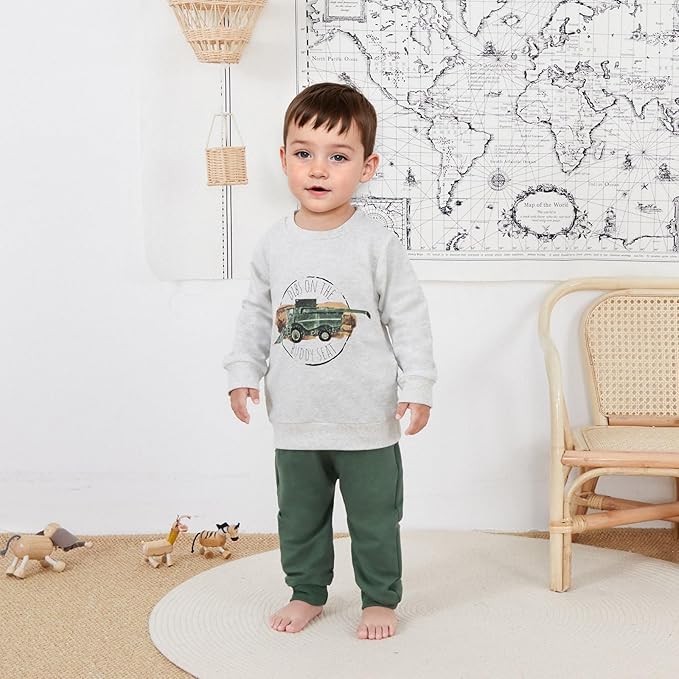 Toddler Baby Boy Fall Winter Outfits Tractor Print Long Sleeve Sweatshirt Pants Set Kids Sweatsuit Clothes
